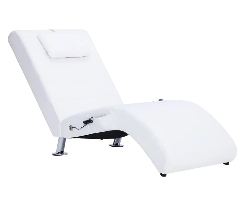 Sezlong de masaj cu perna, alb, piele artificiala