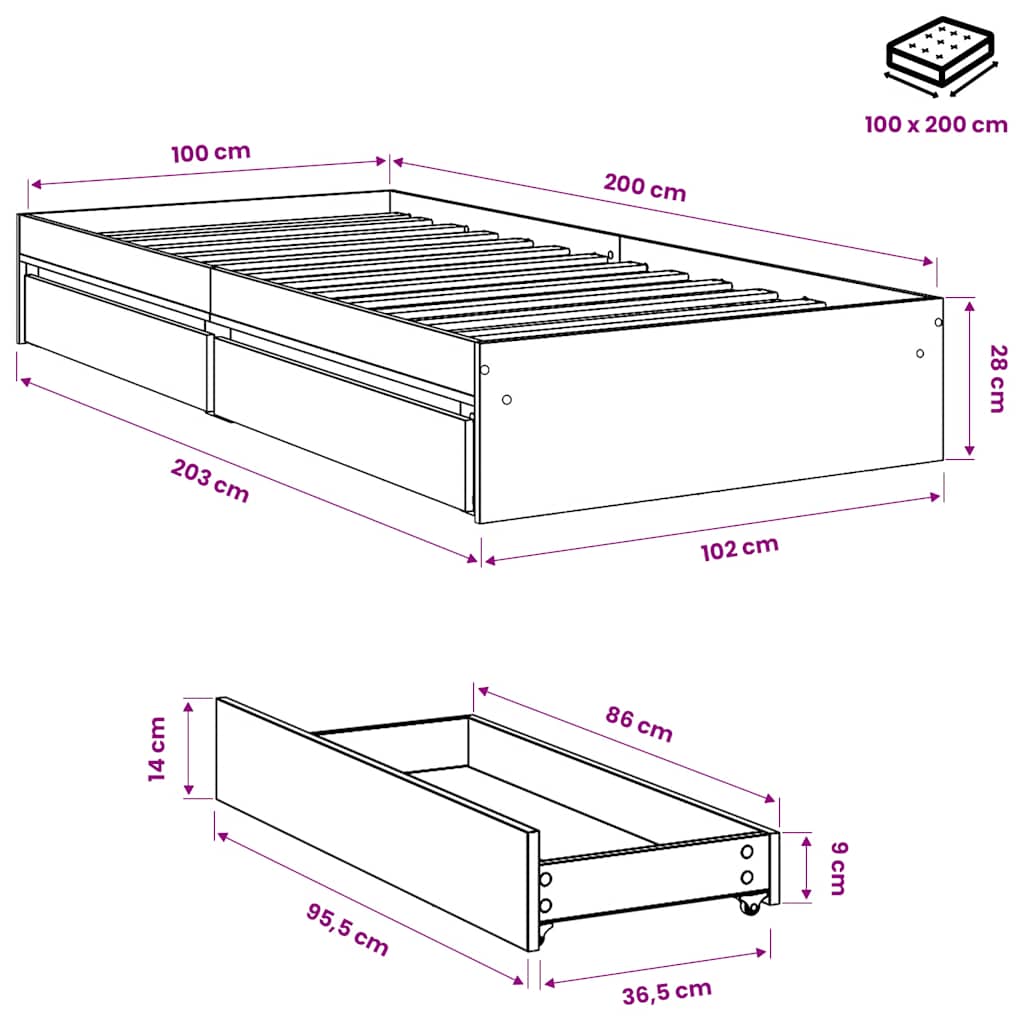 Cadru de pat cu sertare, alb, 100x200 cm, lemn prelucrat