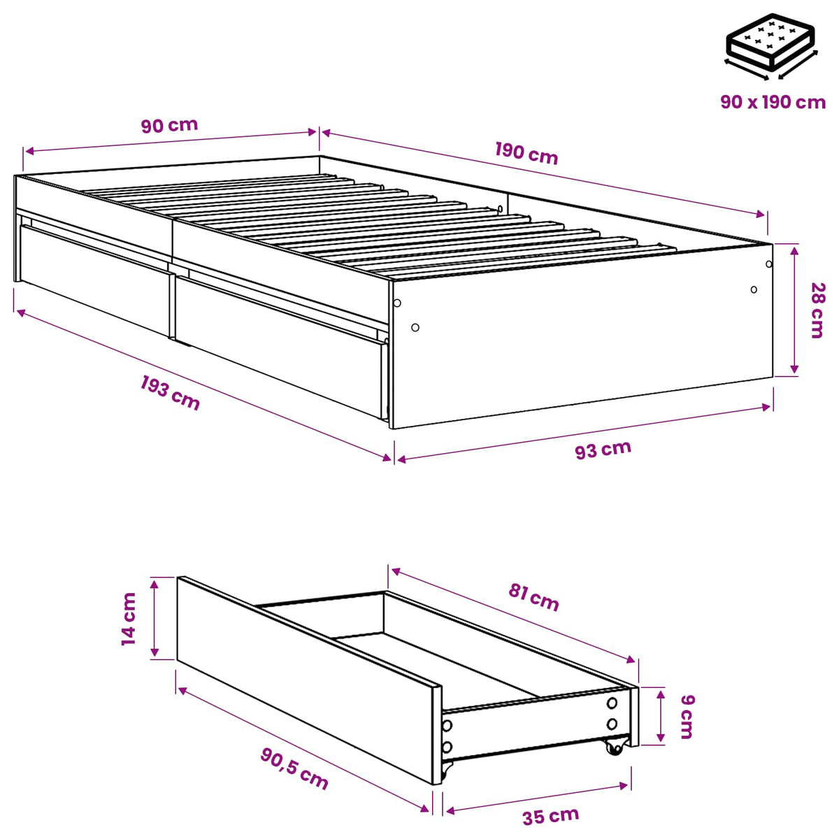 Cadru de pat cu sertare, gri beton, 90x190 cm, lemn prelucrat
