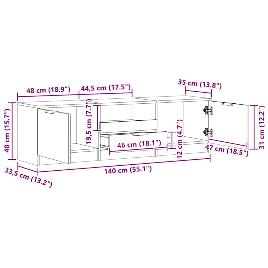 Comodă TV din stejar artizanal 140x35x40 cm, lemn stratificat