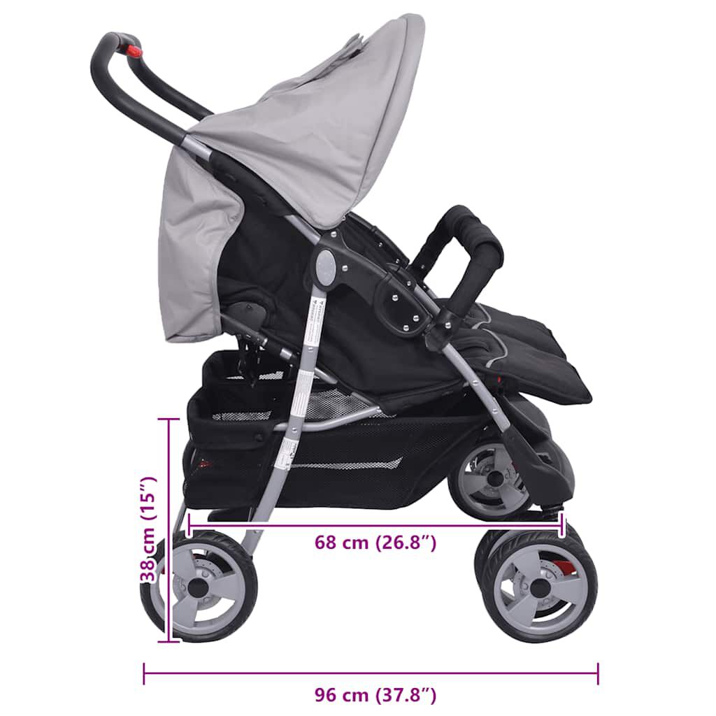 Cărucior dublu din oțel, gri și negru