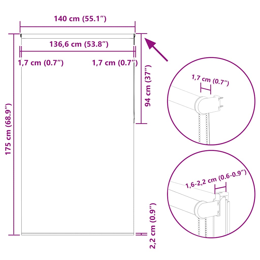 Jaluză cu role opace alb 140x175 cm lățime material 136,6 cm