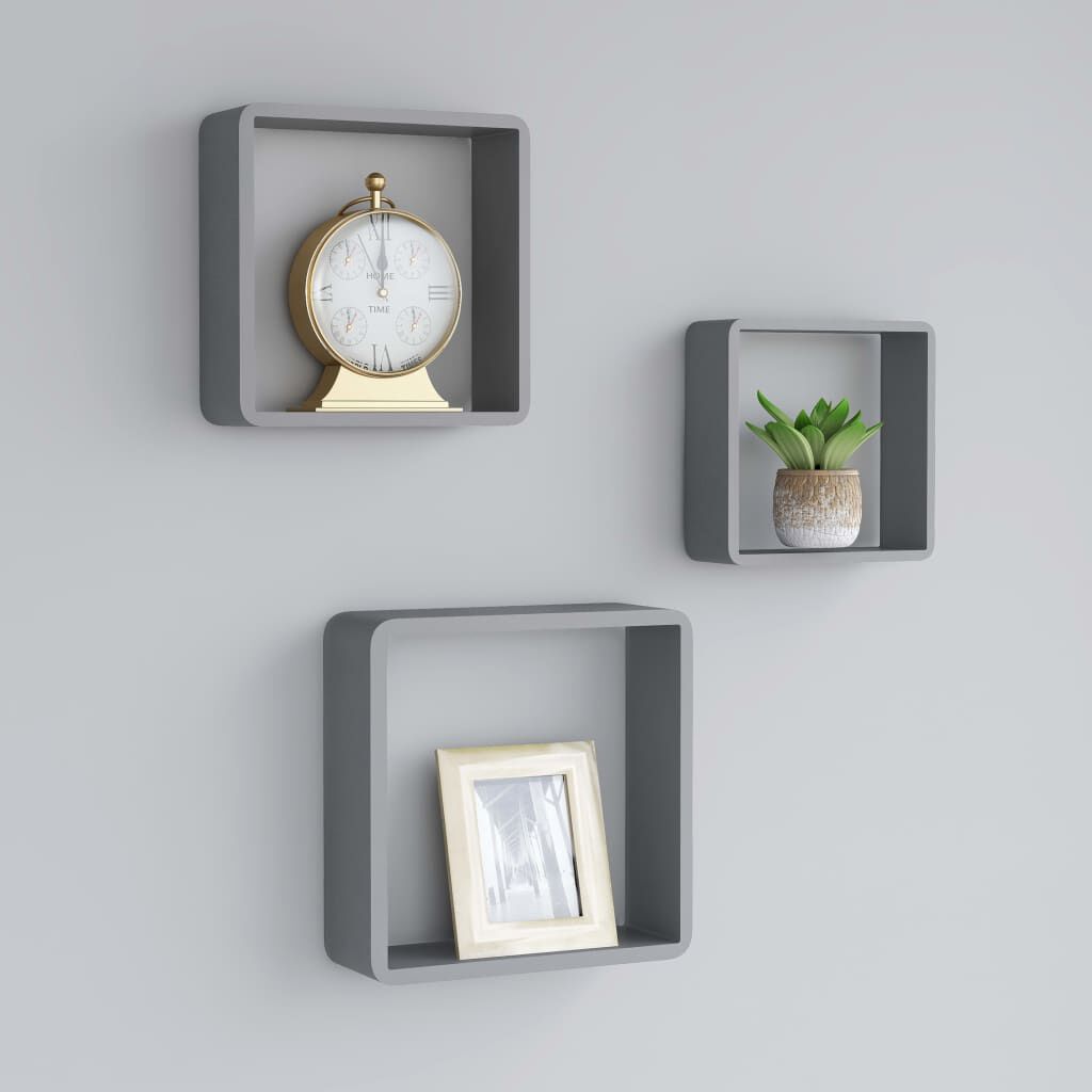 Rafturi cub de perete, 3 buc., gri, MDF