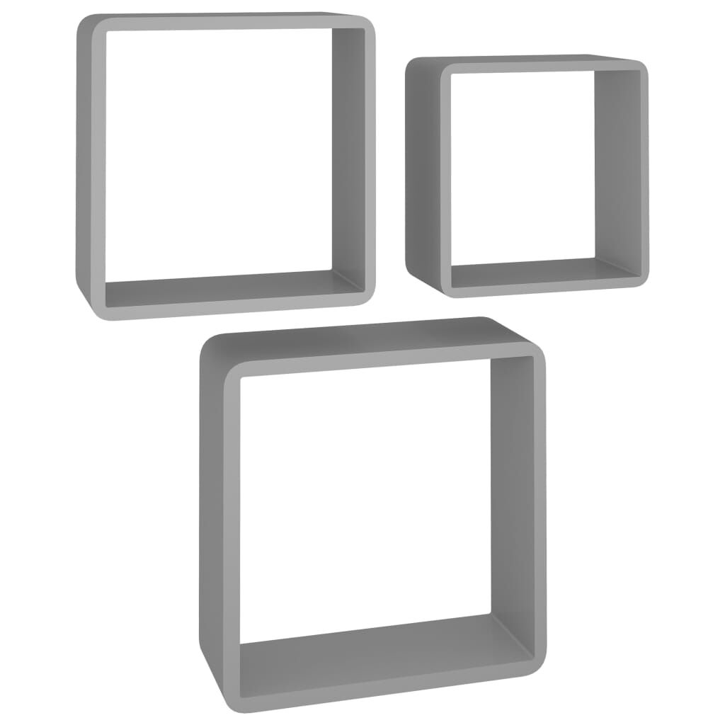 Rafturi cub de perete, 3 buc., gri, MDF