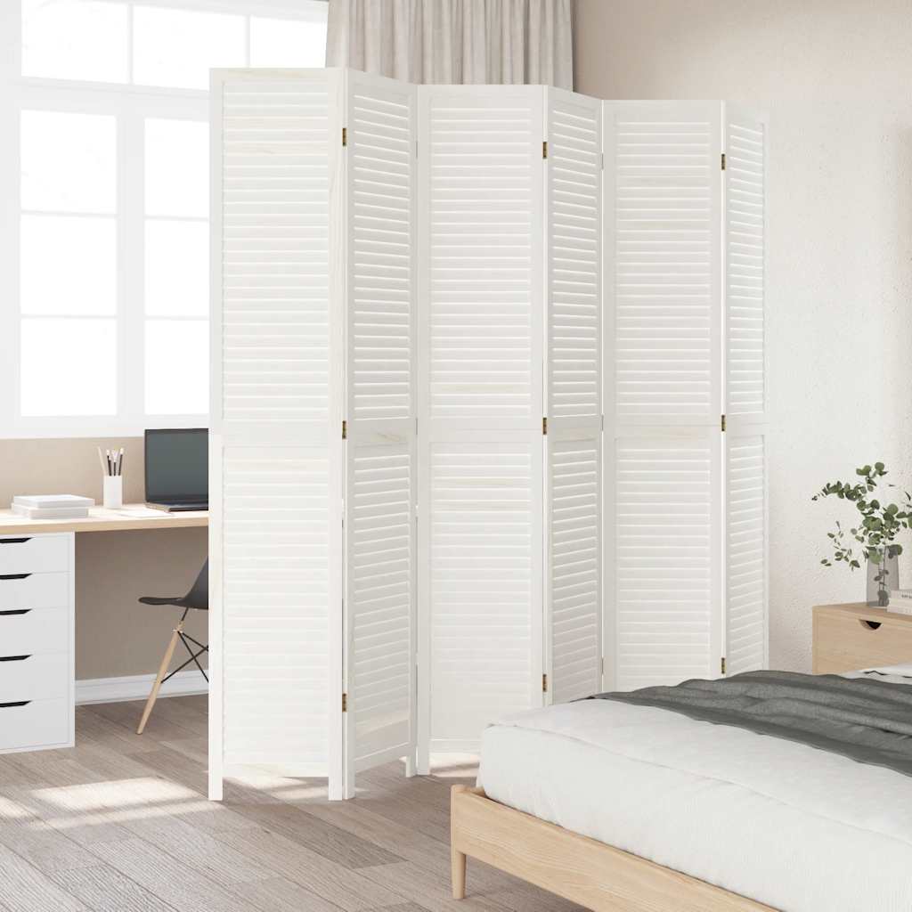 Paravan de cameră cu 6 panouri, lemn masiv de Paulownia, alb