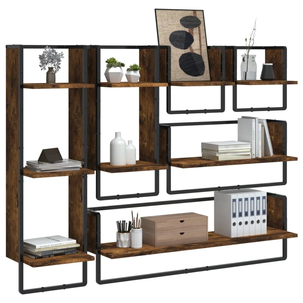 Set rafturi de perete cu bare, 6 buc., stejar fumuriu, lemn