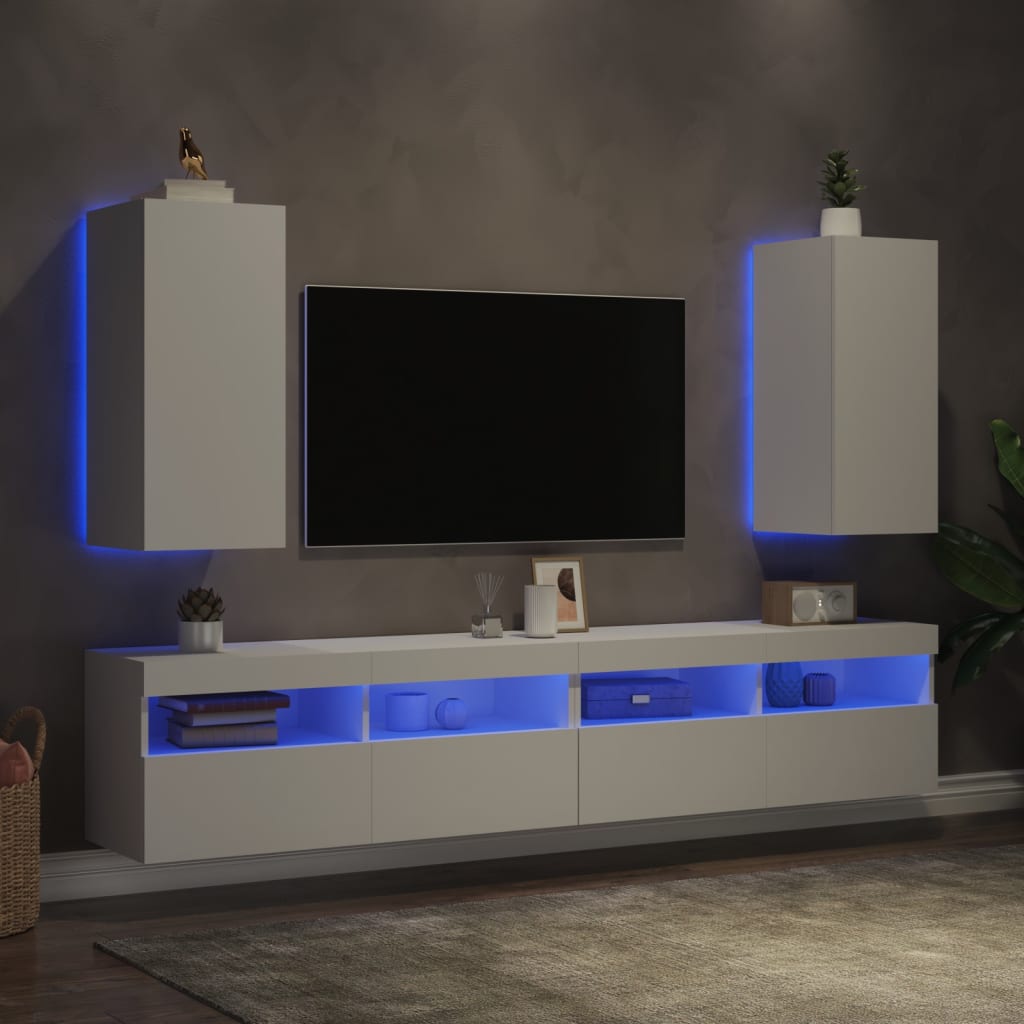 Comode TV de perete cu lumini LED, 2 buc., alb, 30,5x35x70 cm