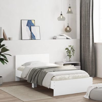 Cadru de pat cu tăblie și lumini LED, alb, 100x200 cm