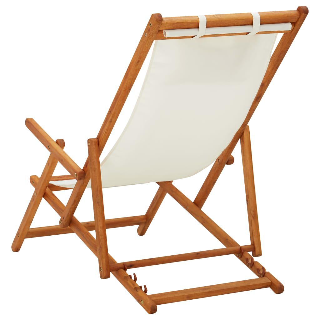 Scaun de plajă pliabil, crem, lemn masiv de eucalipt, textil