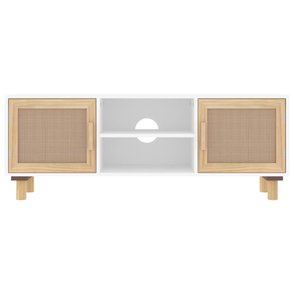 Comodă TV, alb, 105x30x40 cm lemn masiv pin și ratan natural