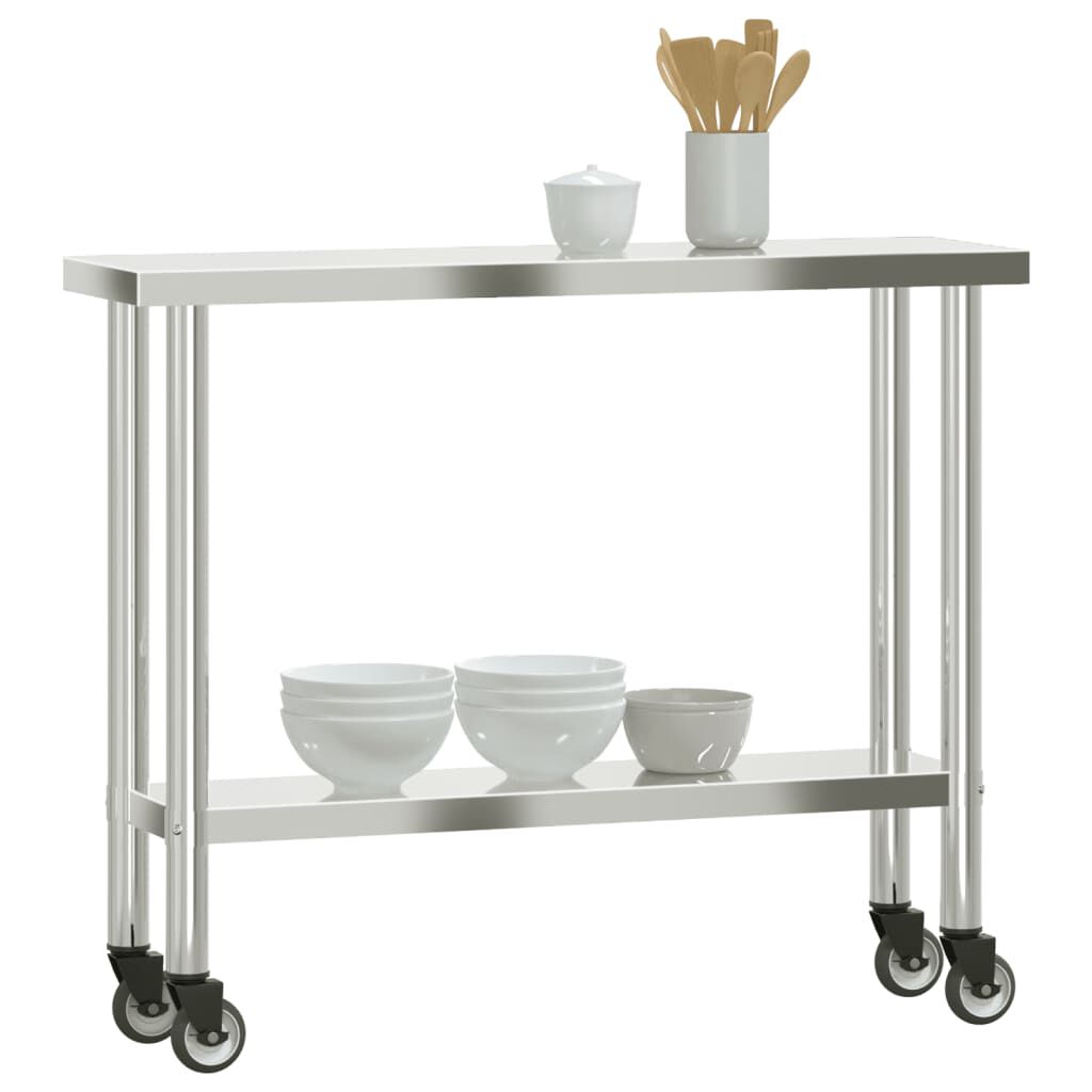 Masă de lucru de bucătărie cu roți, 109,5 cm x 29,8 cm x 85,9 cm, oțel inoxidabil