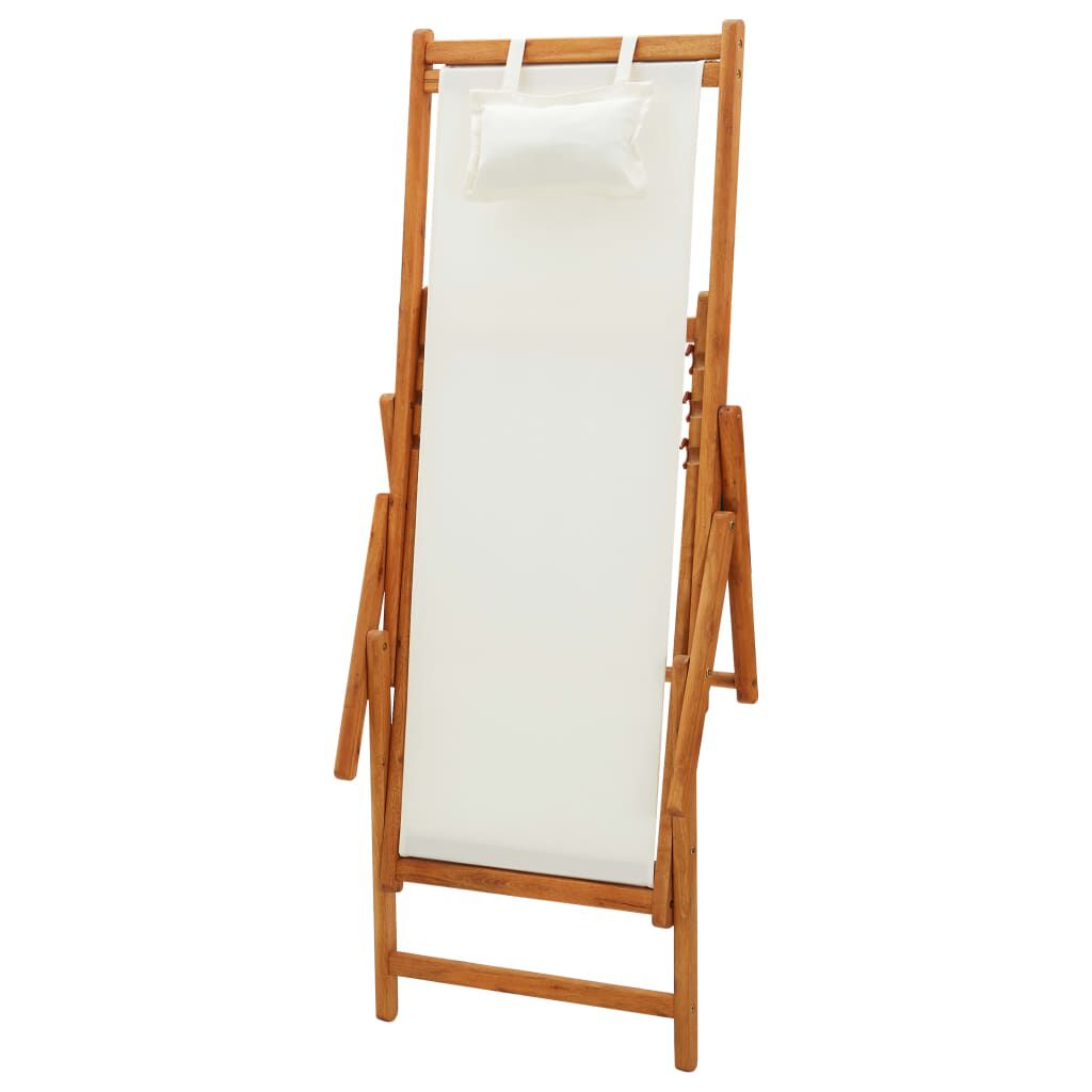 Scaun de plajă pliabil, crem, lemn masiv de eucalipt, textil