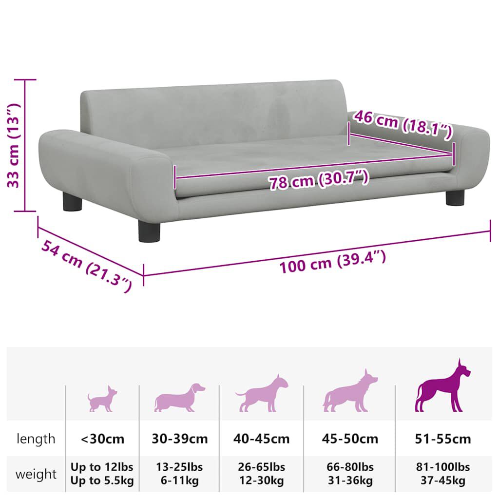 Pat de câini, gri deschis, 100x54x33 cm, catifea