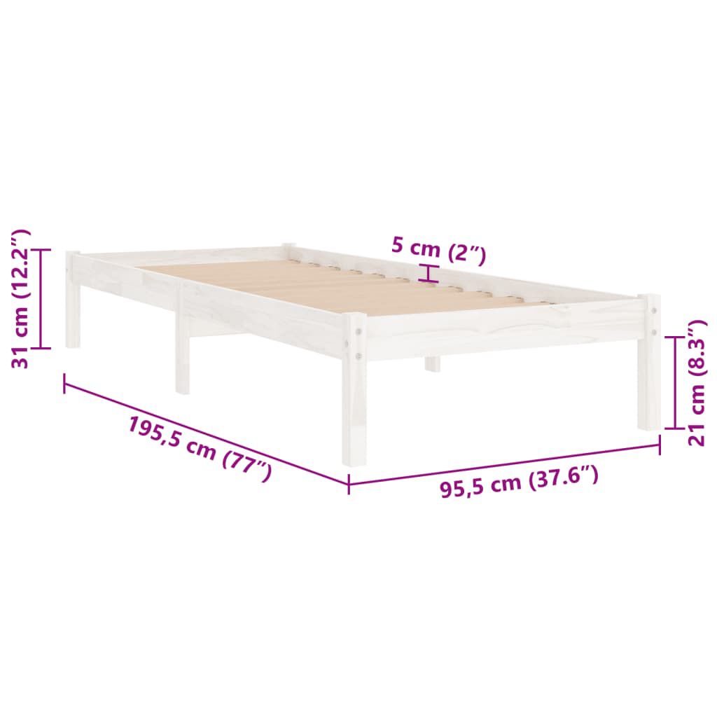 Cadru de pat single, alb, 90x190 cm, lemn masiv