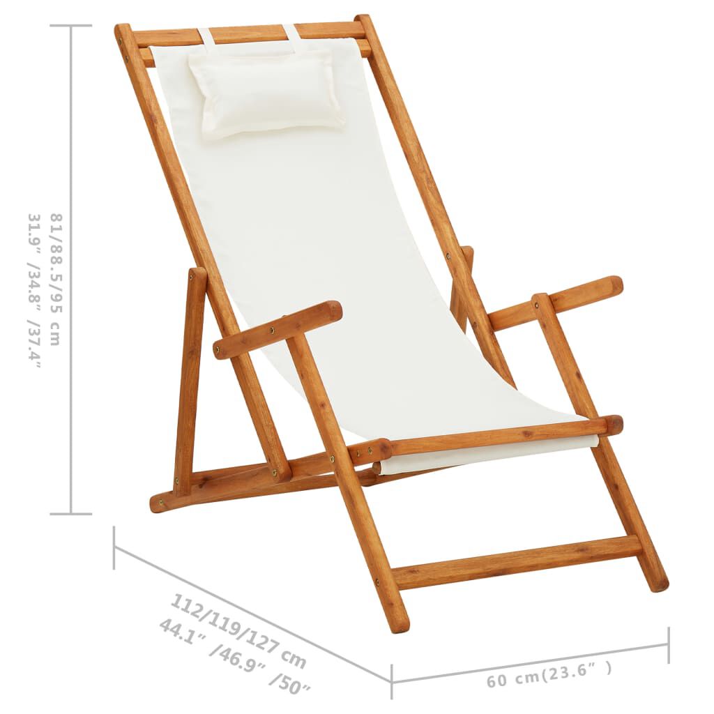 Scaun de plajă pliabil, crem, lemn masiv de eucalipt, textil