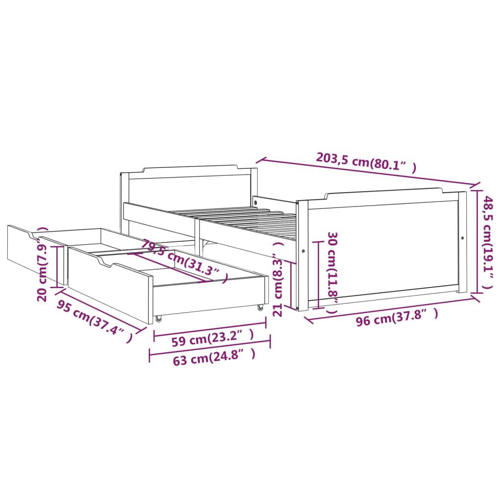 Cadru de pat cu 2 sertare, alb, 90 x 200 cm, lemn masiv de pin