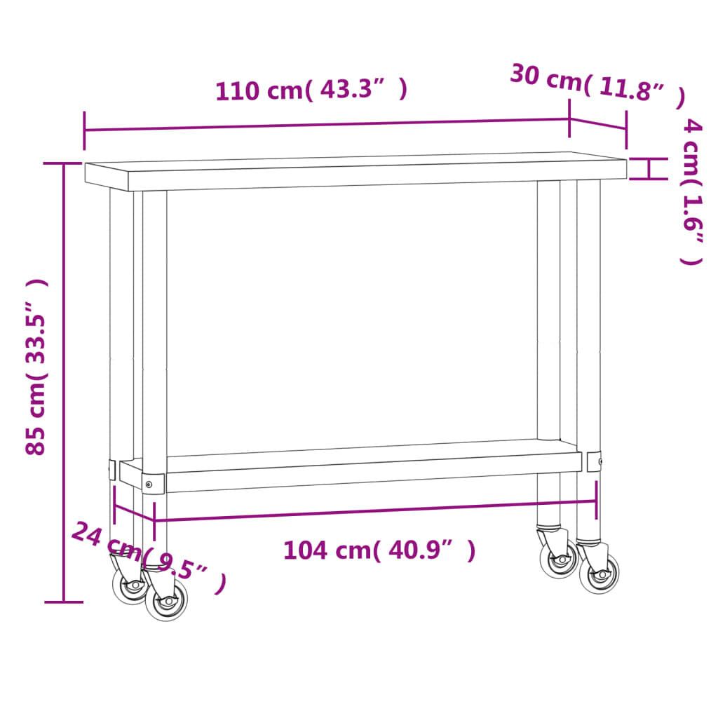 Masă de lucru de bucătărie cu roți, 109,5 cm x 29,8 cm x 85,9 cm, oțel inoxidabil