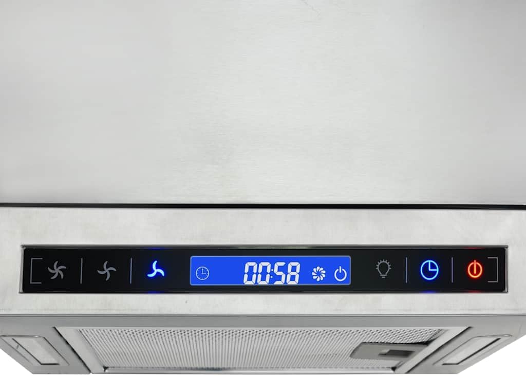 Hotă tip insulă, ecran LCD, senzor tactil, lumini LED de 756 m³/h, ventilator de evacuare cu 3 viteze