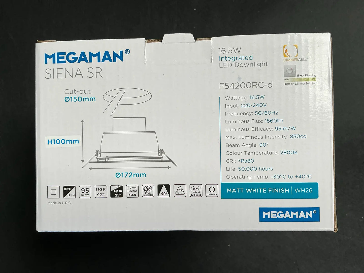 Spot LED Încastrat MEGAMAN SIENA SR, 16.5W, 2800K, 1560lm, Dimmable, Alb Mat