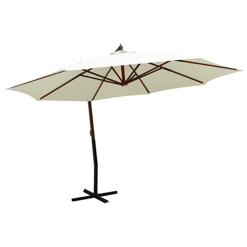 Umbrelă de soare suspendată cu stâlp de lemn, 350 cm, alb