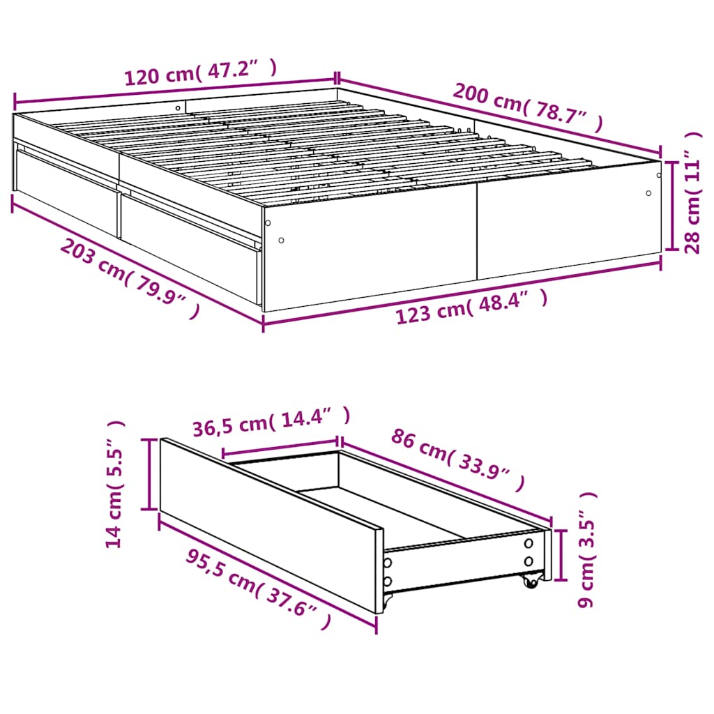 Cadru de pat cu sertare, negru, 120x200 cm, lemn prelucrat