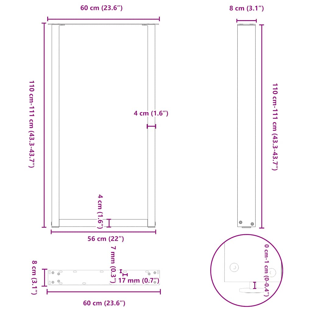 Picioare de masă de bar în formă de U, 2 buc., negru, 60 x (110-111) cm, oțel