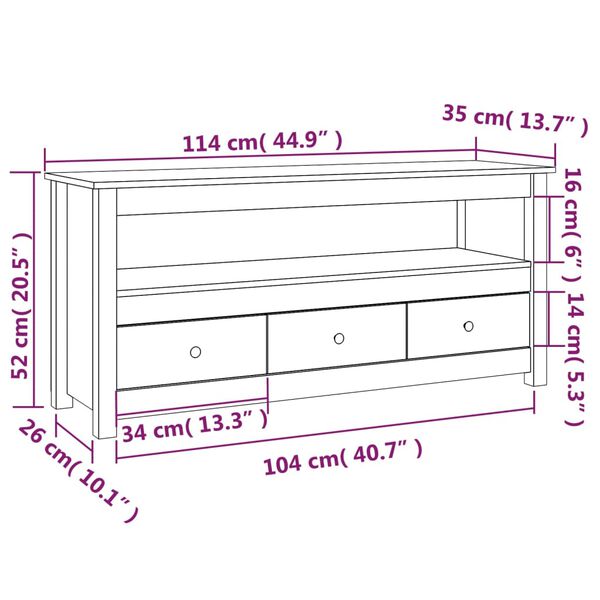 Comodă TV, alb, 114x35x52 cm, lemn masiv de pin