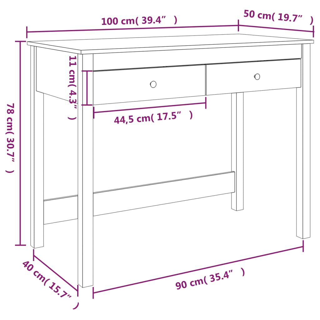 Birou cu sertare, alb, 100x50x78 cm, lemn masiv de pin