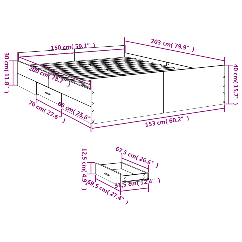Cadru pat cu sertare alb, 150x200 cm, lemn prelucrat