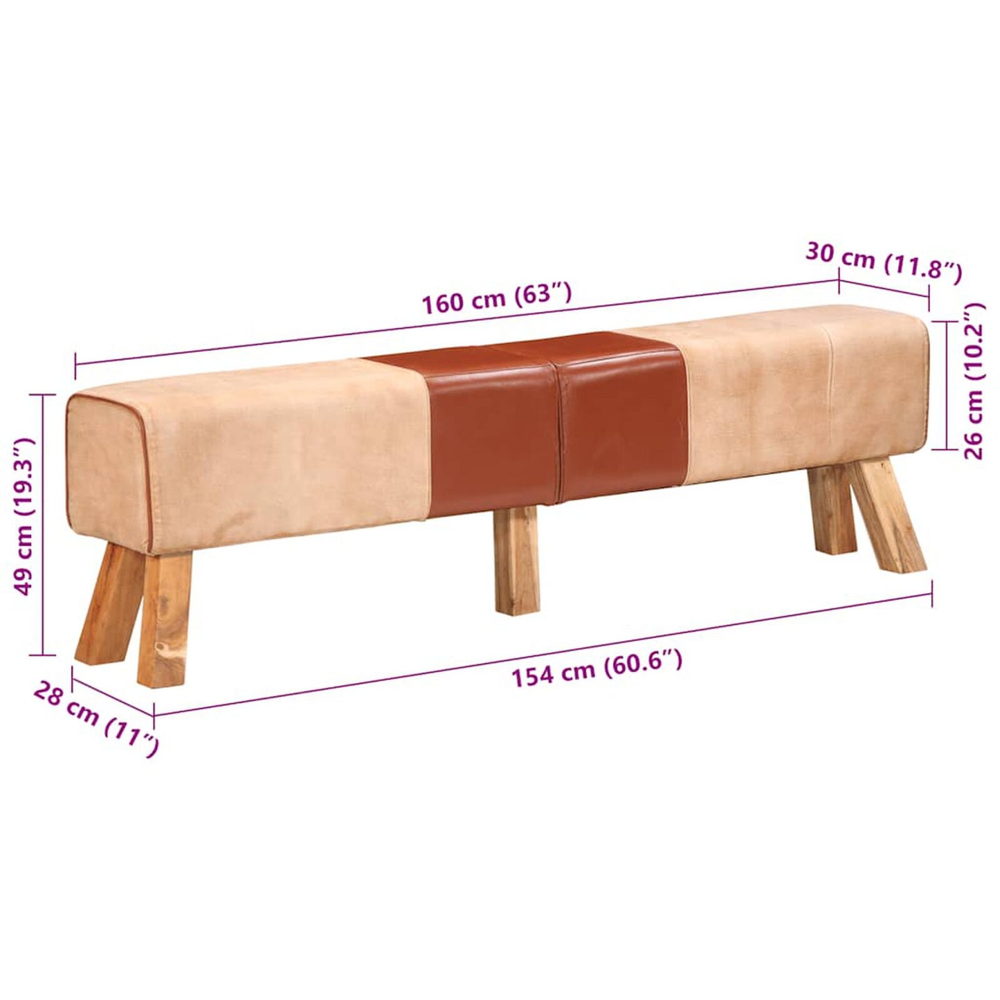 Bancă de gimnastică, maro, 160 cm, piele naturală și pânză