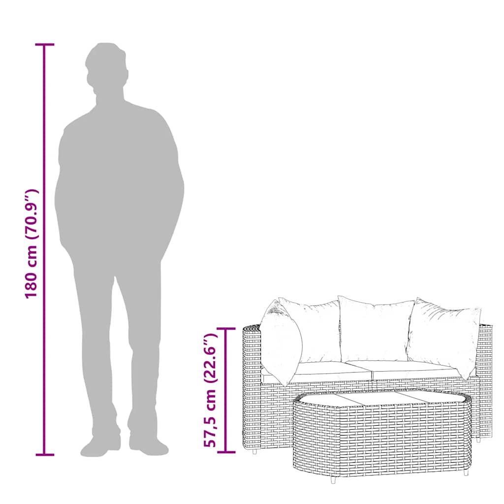 Set mobilier de grădină cu perne, 3 piese, gri, poliratan