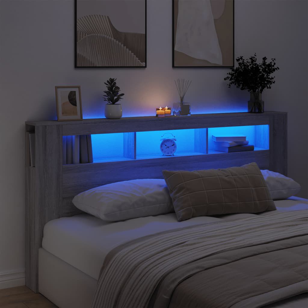 Tăblie de pat cu LED gri sonoma 200x18,5x103,5cm lemn prelucrat
