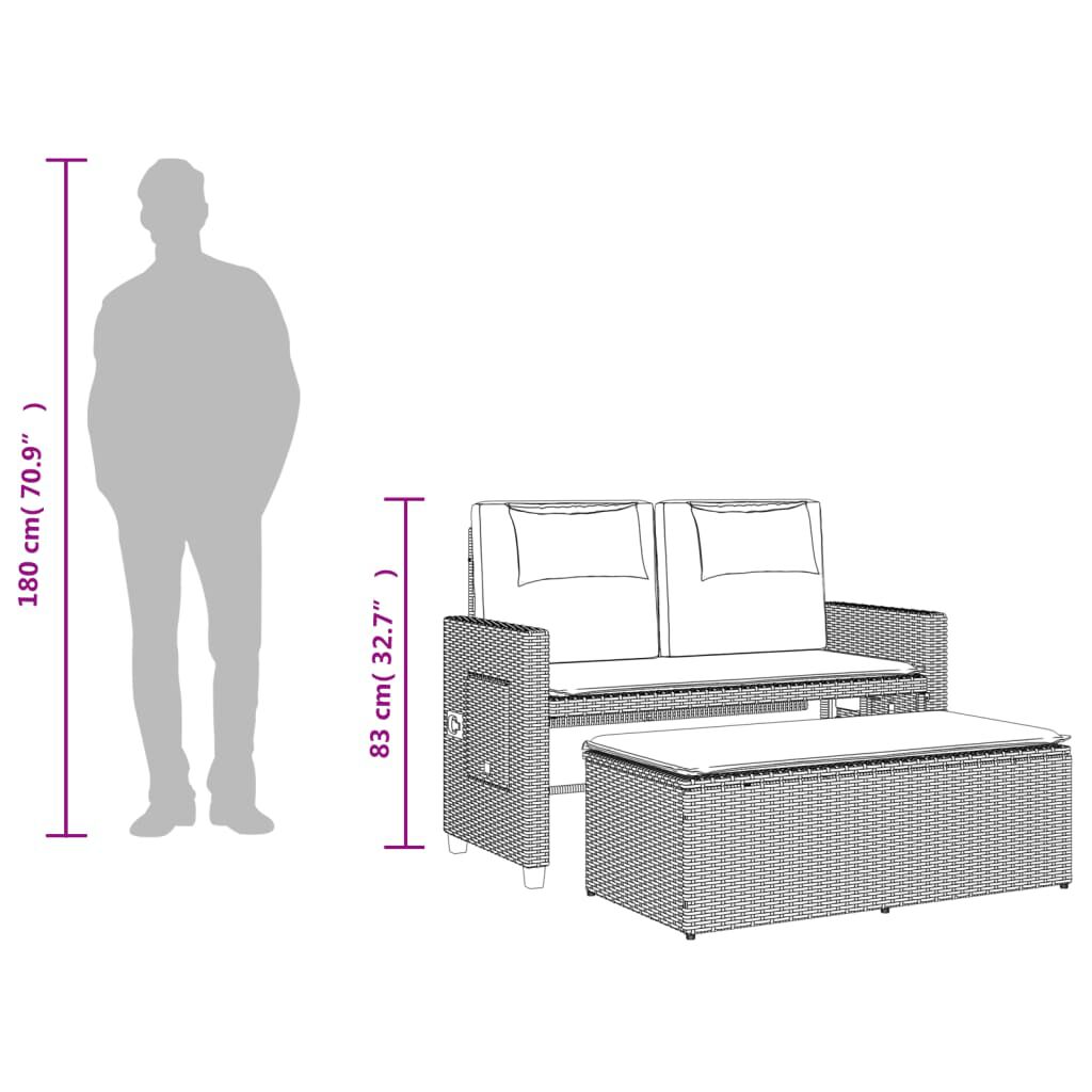 Bancă de grădină rabatabilă cu perne, gri, poliratan