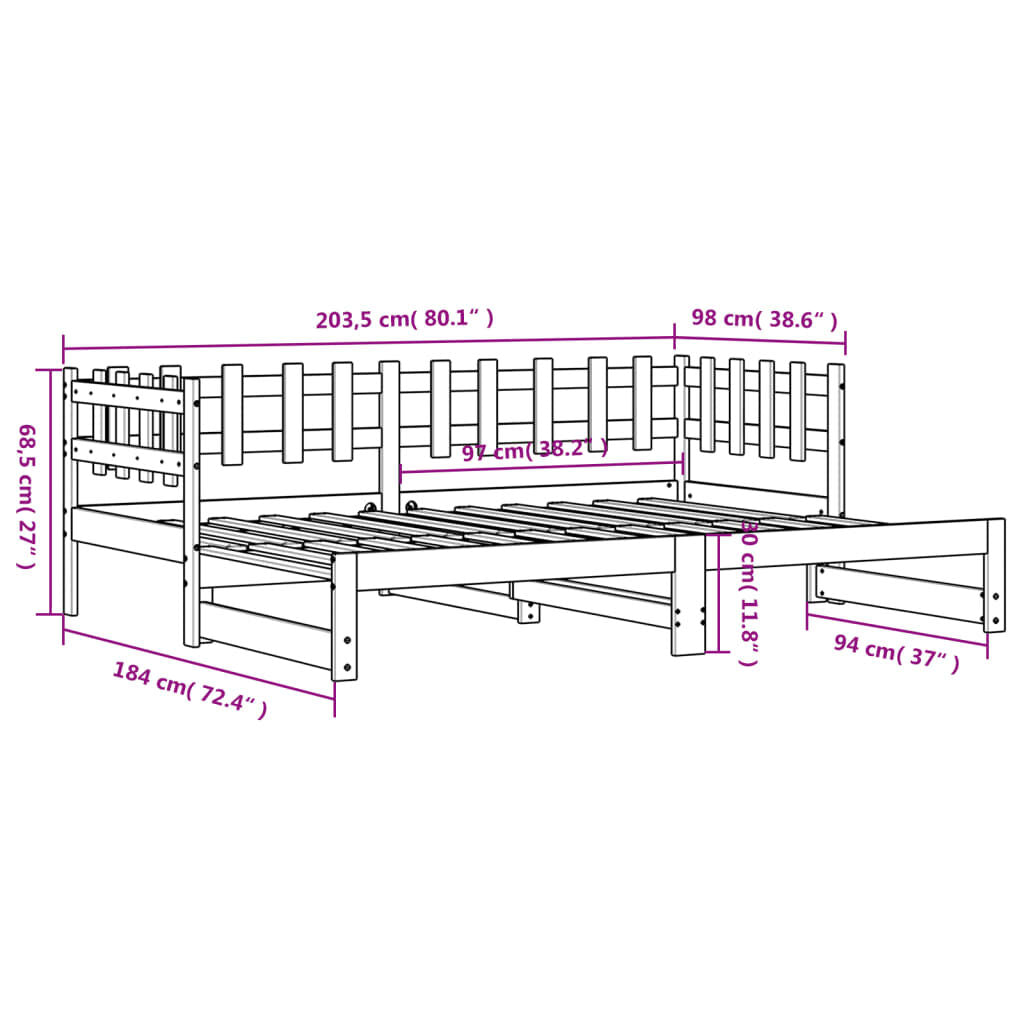 Pat de zi extensibil, 2x(90x200) cm, lemn masiv de pin