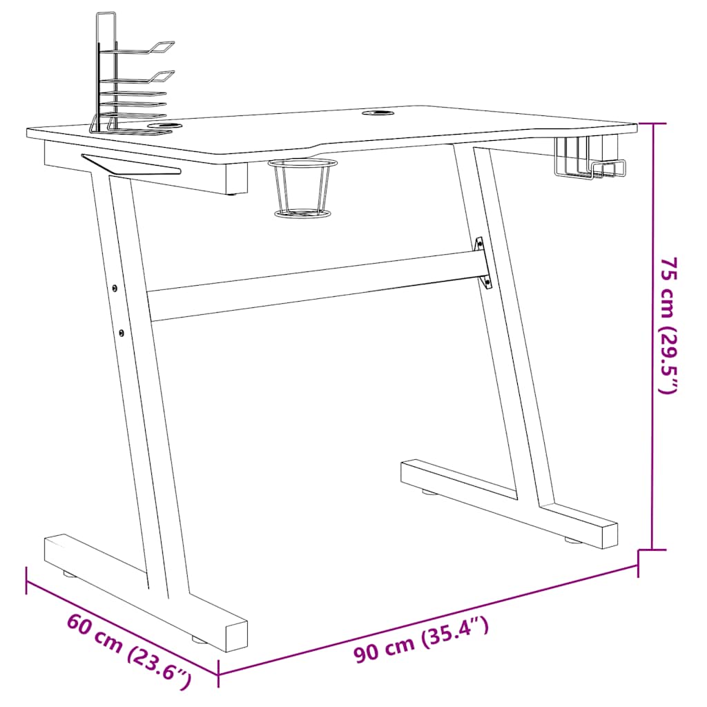 Birou de gaming LED cu picioare în formă de Z negru 90x60x75 cm