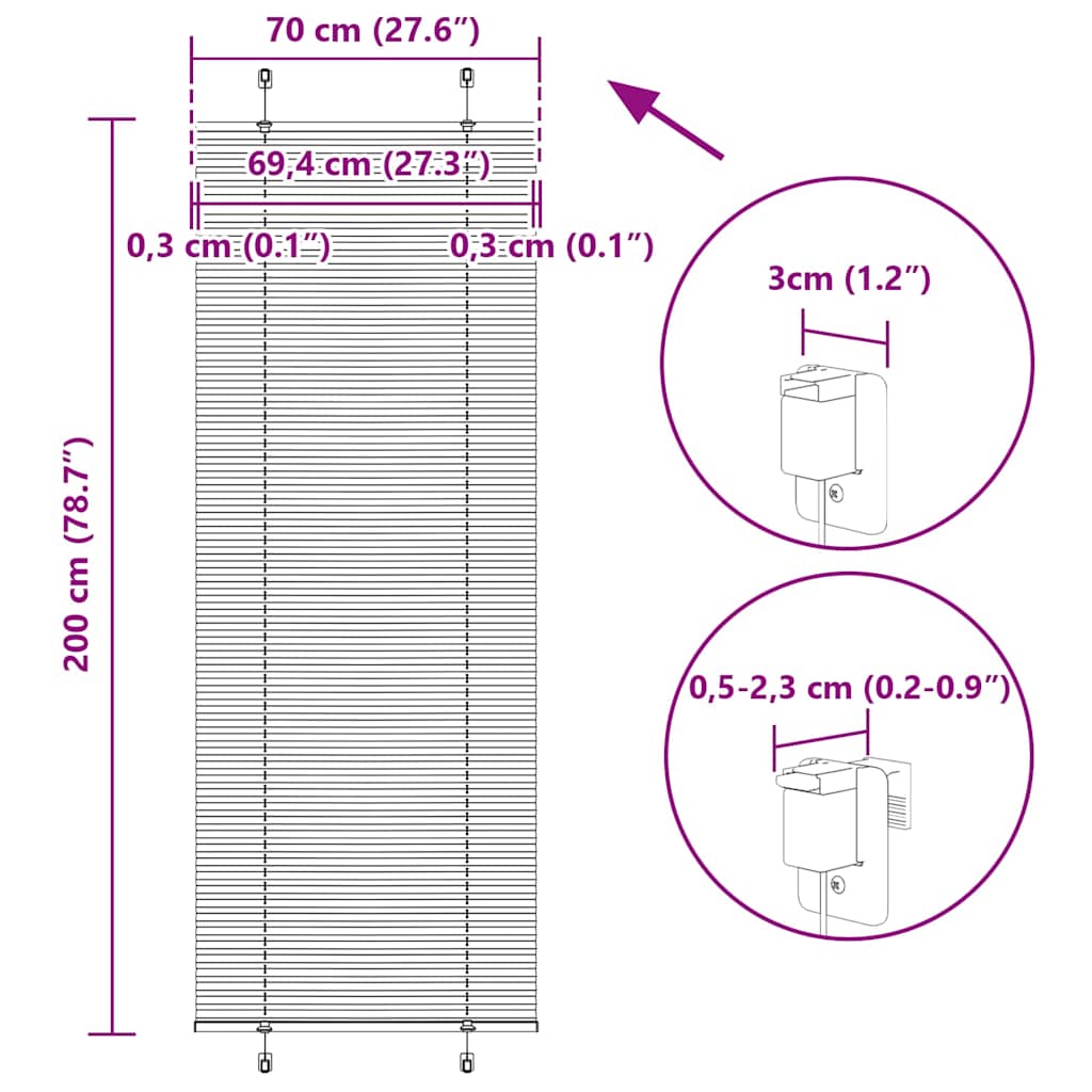 Jaluză plisată gri deschis 70x200 cm Lățime țesătură 69,4 cm
