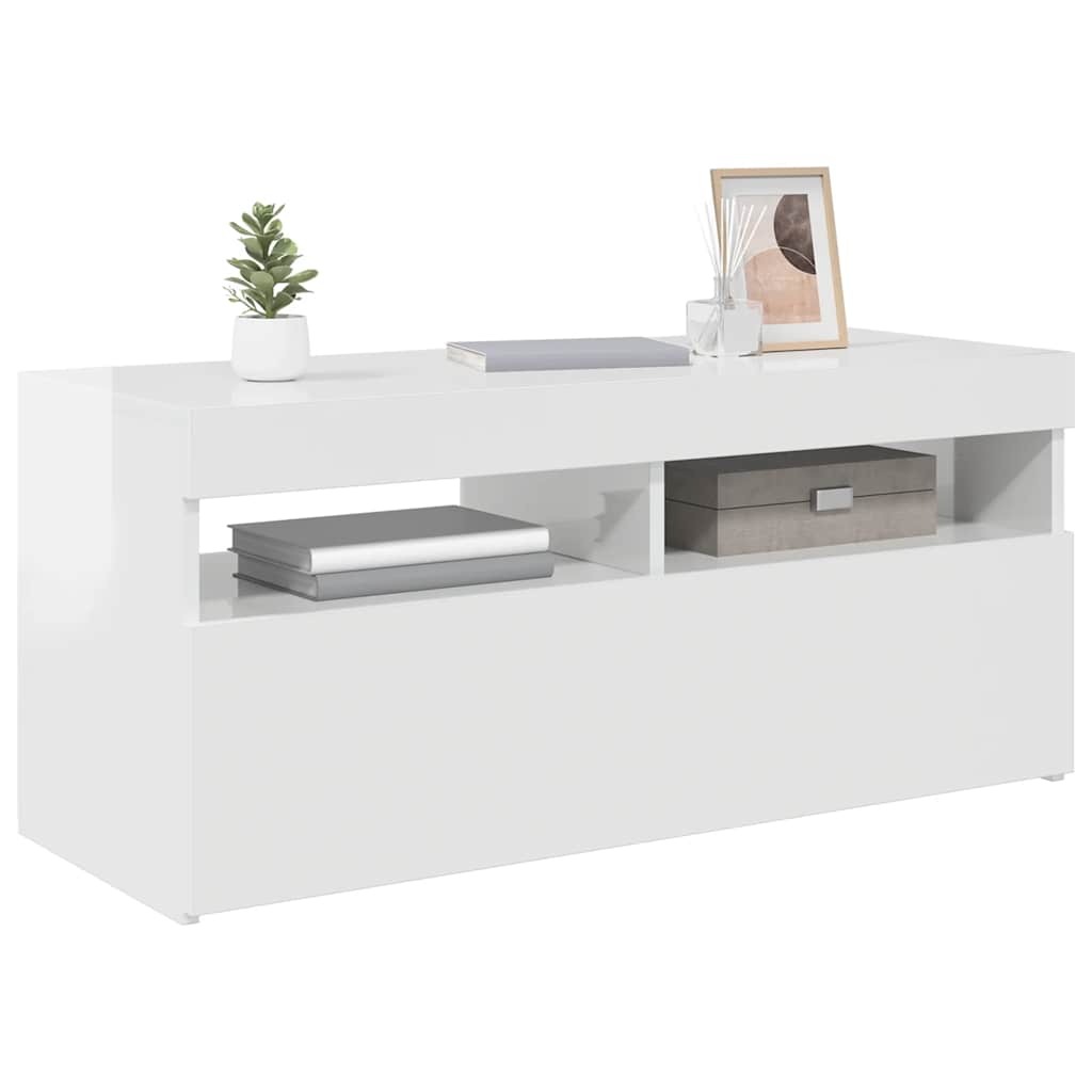 Comodă TV cu lumini LED, alb extralucios, 90x35x40 cm