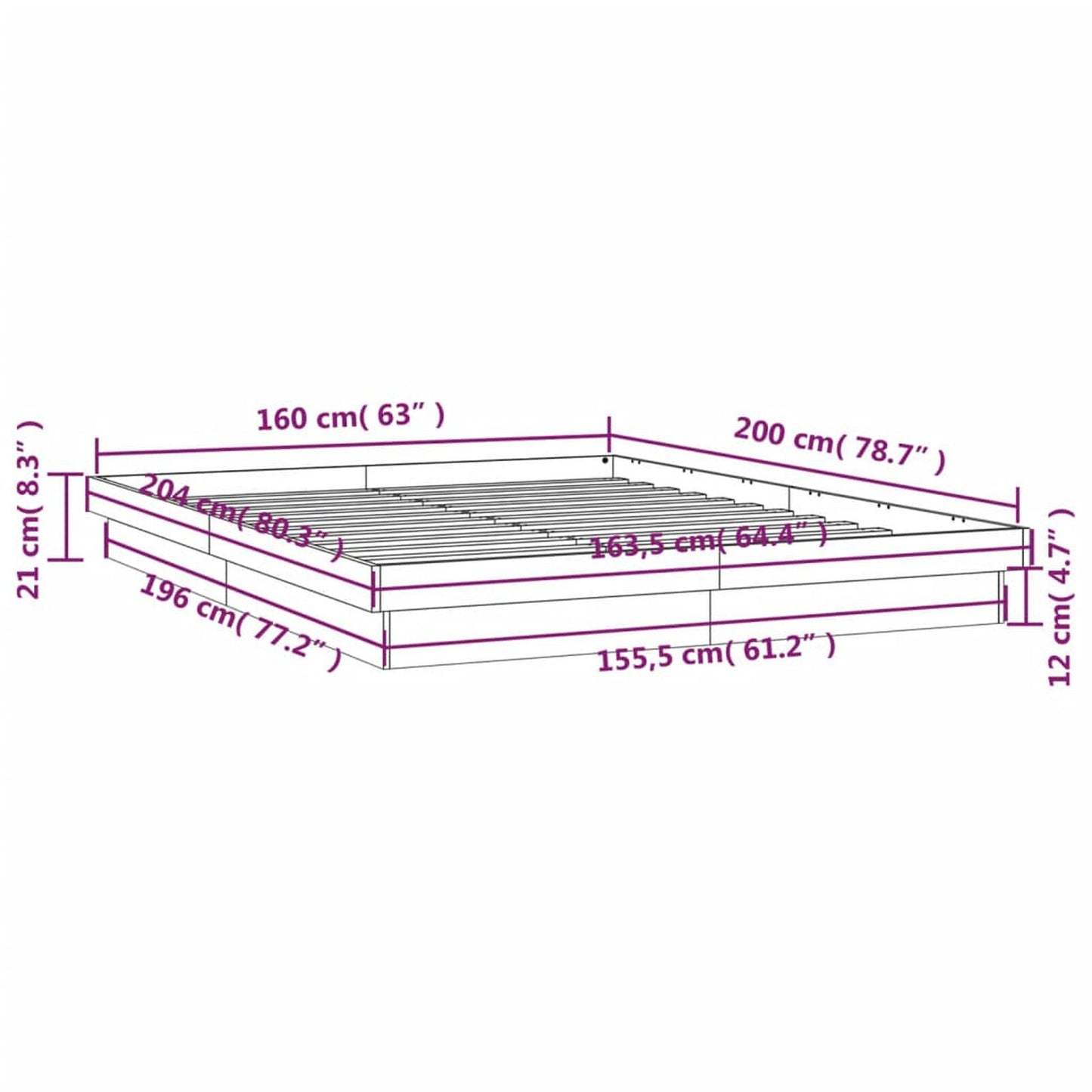 Cadru de pat cu LED, alb, 160x200 cm, lemn masiv