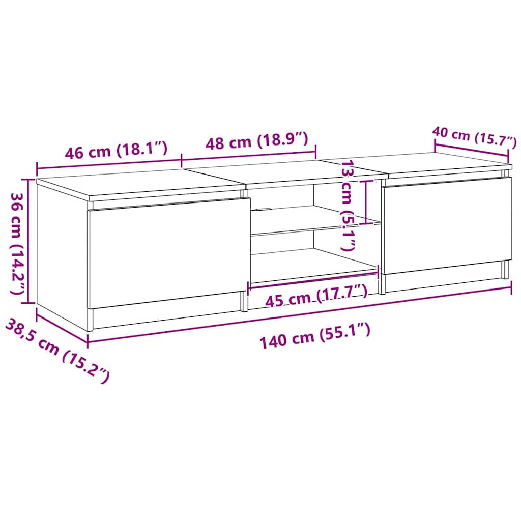 Comodă TV cu lumini LED, gri beton, 140x40x36 cm