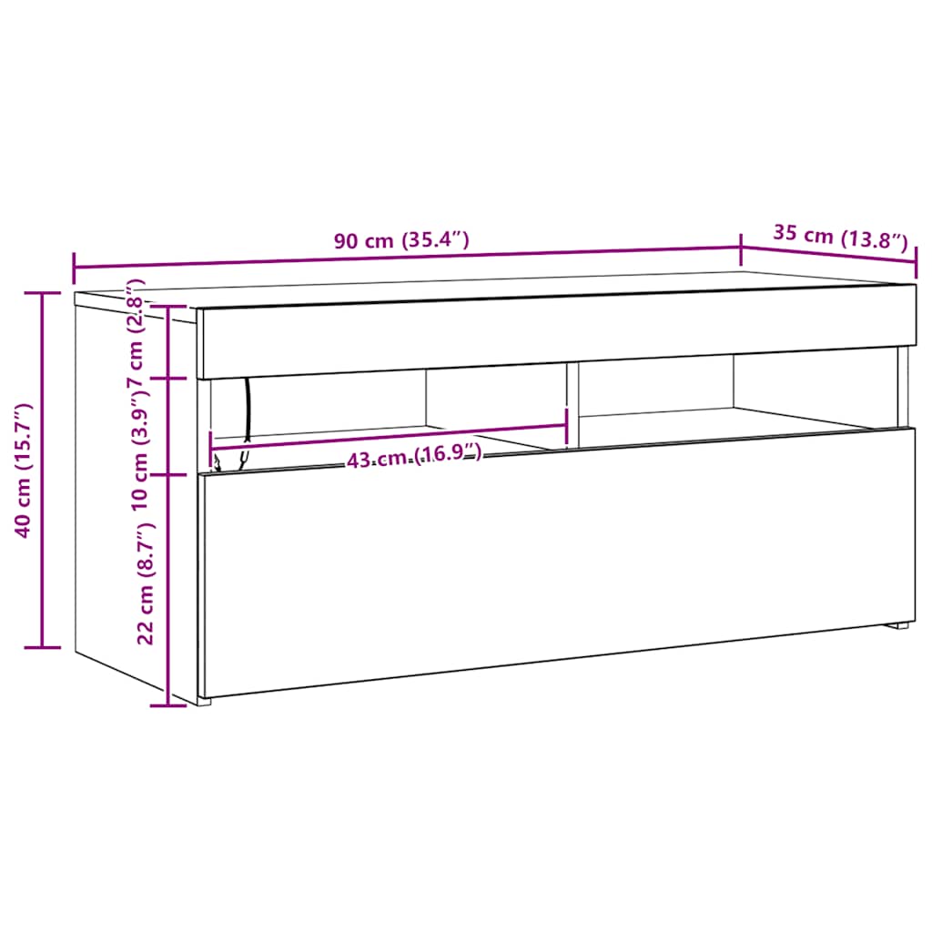 Comodă TV cu lumini LED, alb extralucios, 90x35x40 cm