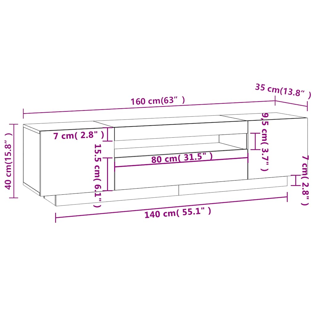 Comodă TV cu lumini LED, stejar sonoma, 160x35x40 cm