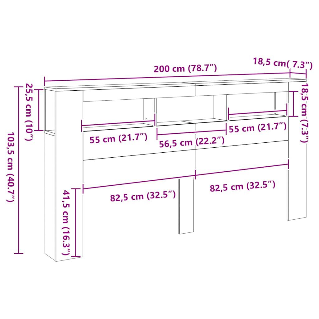 Tăblie de pat cu LED gri sonoma 200x18,5x103,5cm lemn prelucrat