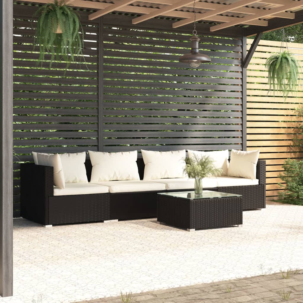 Set mobilier de grădină cu perne, 5 piese, negru, poliratan