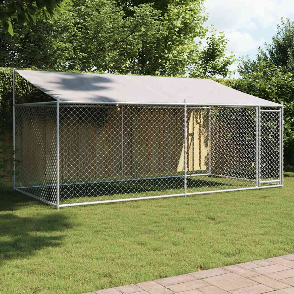 Cușcă câini cu acoperiș și uși, gri, 4x2x2 m, oțel galvanizat