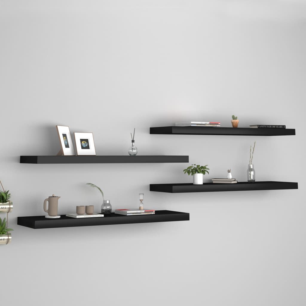 Rafturi de perete suspendate 4 buc., negru, 90x23,5x3,8 cm, MDF