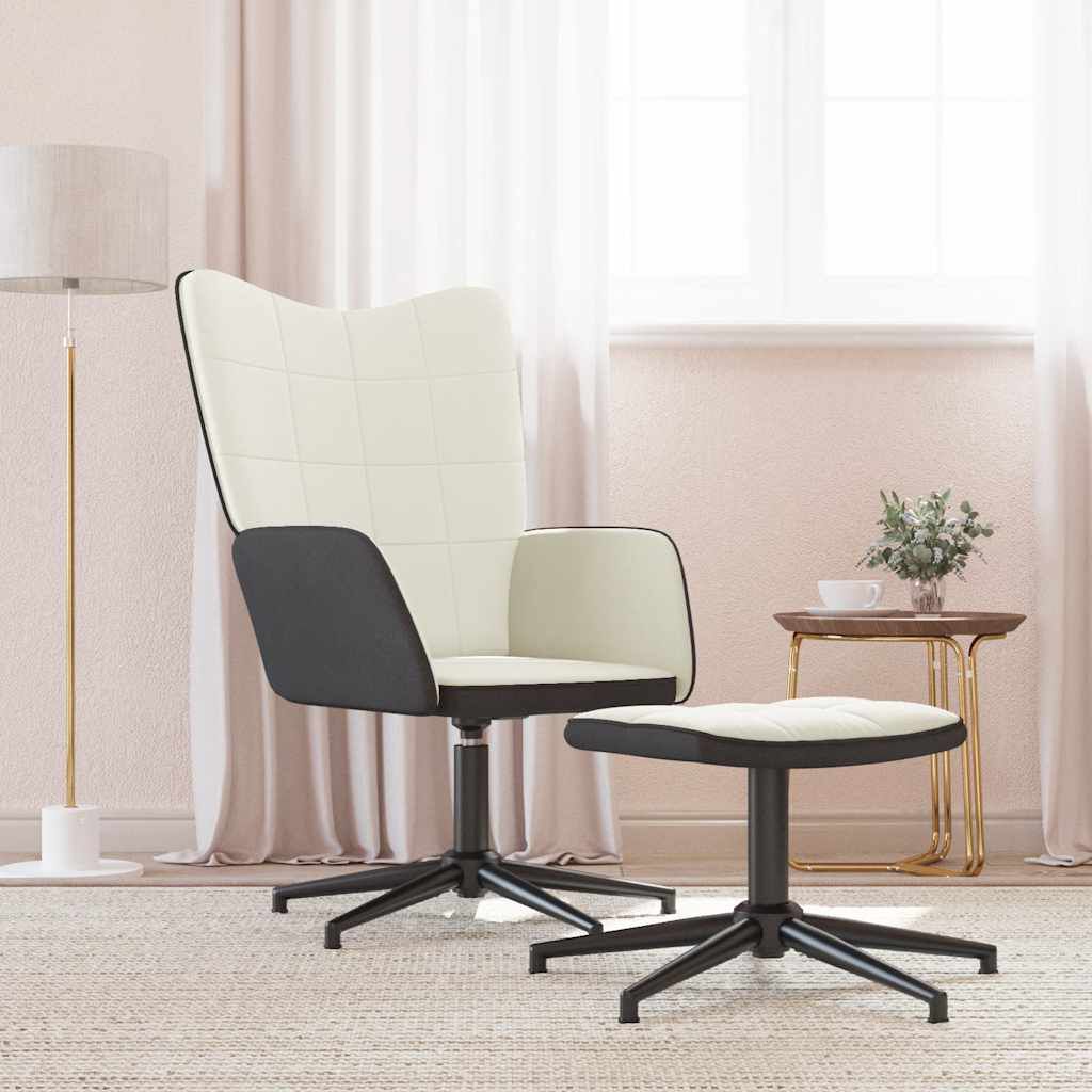 Scaun de relaxare cu taburet, alb crem, catifea și PVC
