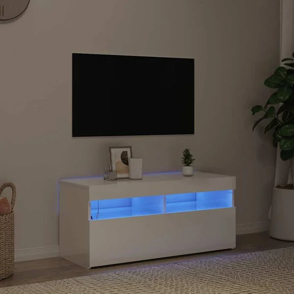 Comodă TV cu lumini LED, alb extralucios, 90x35x40 cm