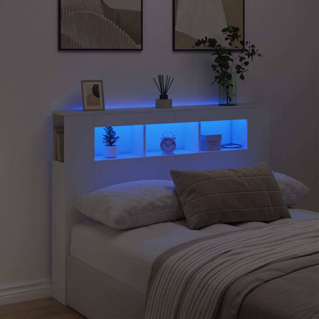 Tăblie de pat cu LED, alb, 140x18,5x103,5 cm, lemn