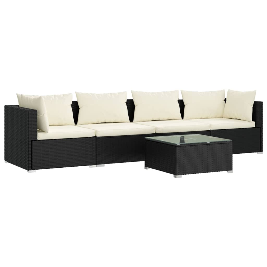 Set mobilier de grădină cu perne, 5 piese, negru, poliratan