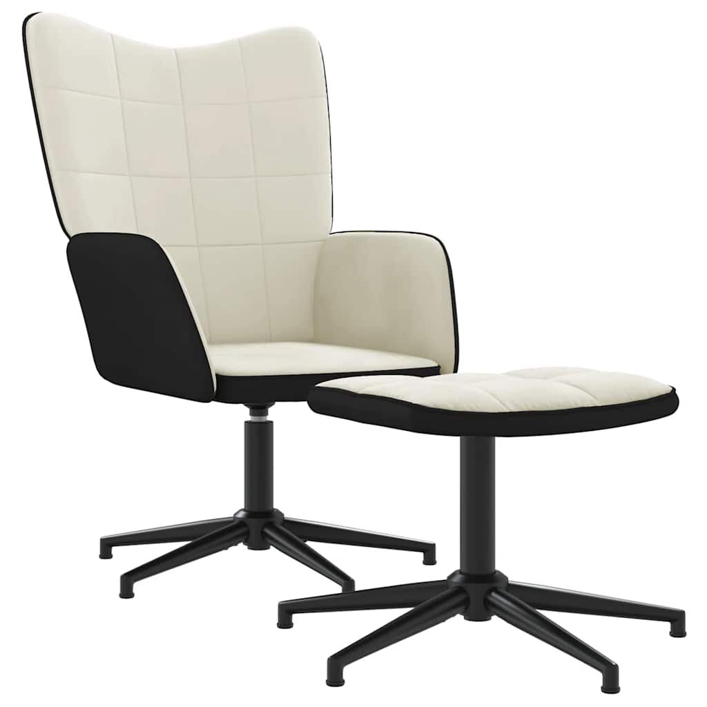 Scaun de relaxare cu taburet, alb crem, catifea și PVC
